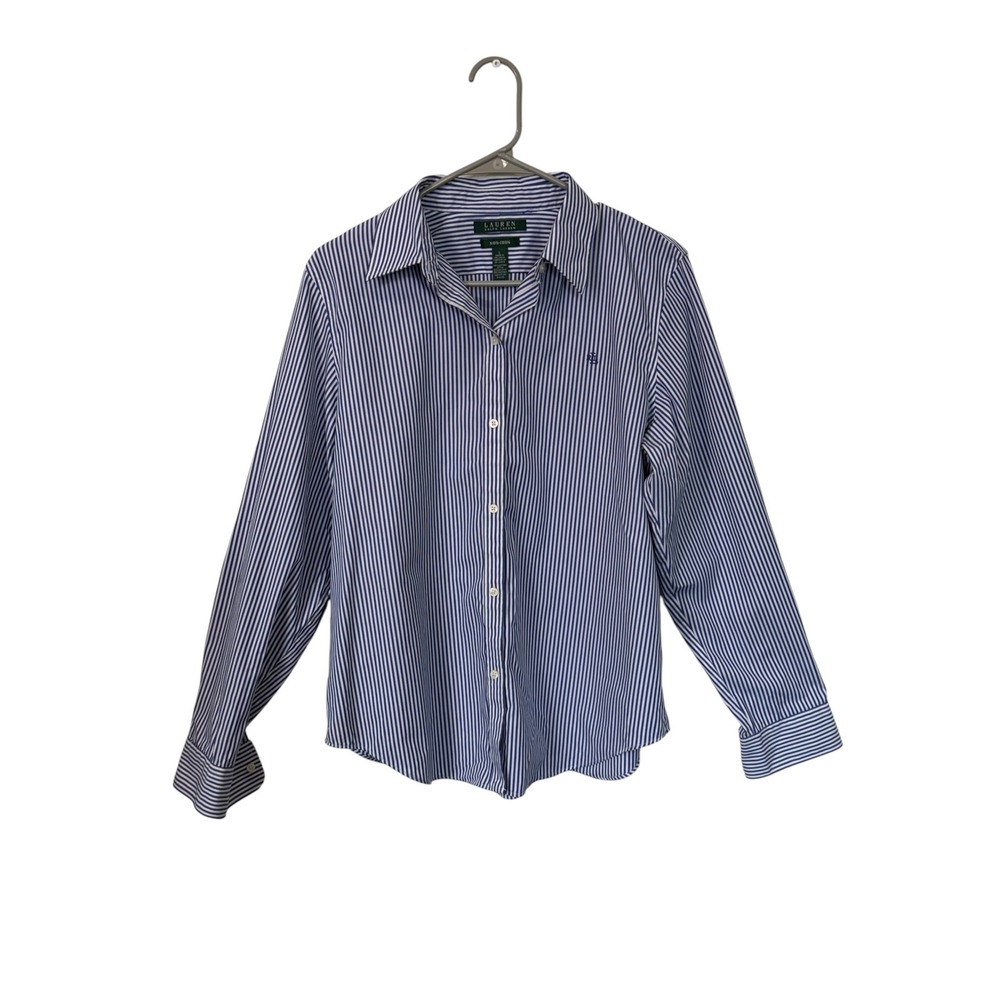 Lauren Ralph Lauren Blue Striped Poplin 100% Cotton Button Down Shirt, L
